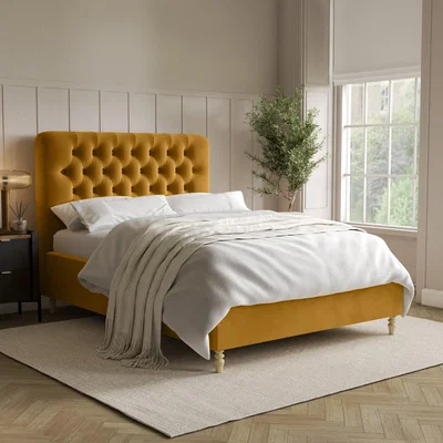Furniture123 Mustard Yellow Velvet Double Ottoman Bed with Legs - Pippa