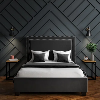 Furniture123 Safina Dark Grey Velvet Double Ottoman Bed with Studded Headboard
