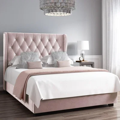 Furniture123 Safina Blush Pink Velvet Small Double Ottoman Bed with Diamante Headboard