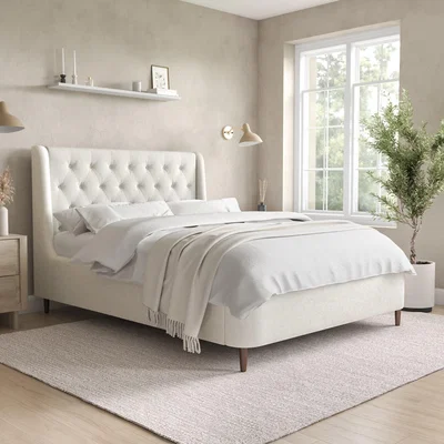 Furniture123 Cream Fabric Double Ottoman Bed with Legs - Amara