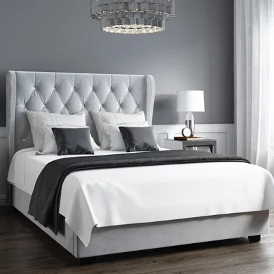 Furniture123 Safina Light Grey Velvet Small Double Ottoman Bed with Diamante Headboard