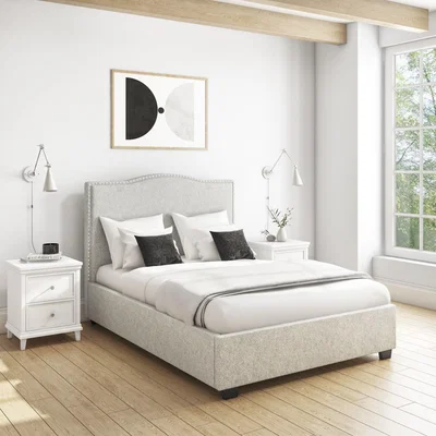 Furniture123 Light Grey Fabric Double Ottoman Bed with Studded Headboard - Maeva