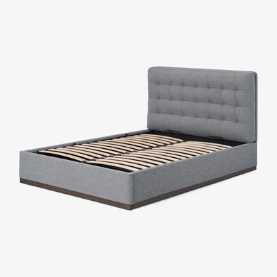 Made.com Lavelle Double Ottoman Bed,  Blue Grey Tonal Weave & Walnut Stain Plinth
