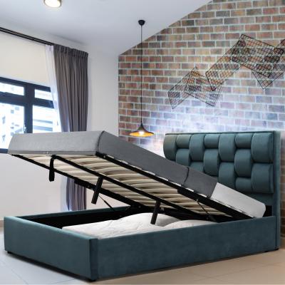 The Range Plush Velvet Weaved Headboard Storage Ottoman Bedframe in Blue - Double