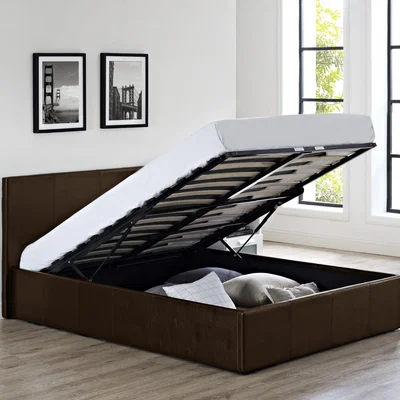 The Range Faux Leather Ottoman Gas Lift Storage Bed-DOUBLE - Brown