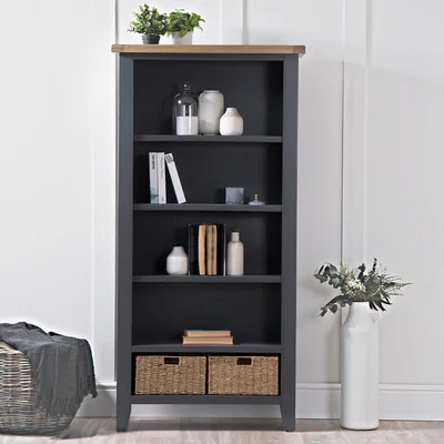 Chiltern Oak Furniture Suffolk Midnight Grey Painted Oak Large Bookcase with Wicker Baskets