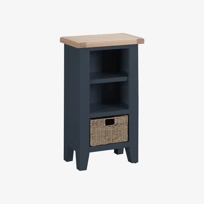 Chiltern Oak Furniture Suffolk Midnight Grey Painted Oak Small Narrow Bookcase with Wicker Basket
