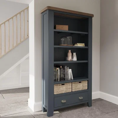 Furniture123 Oak & Blue Large Bookcase with Wicker Baskets