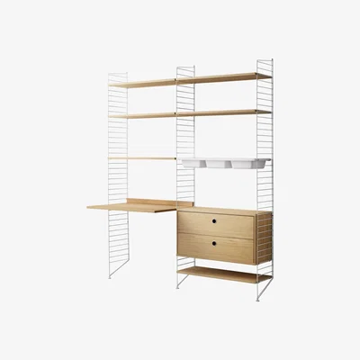 John Lewis String® Shelving Unit with Work Desk, 2 Drawer Chest, 3 Bowl Shelf and Wall Fastened Side Racks, Oak/White