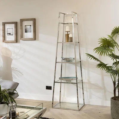 Quatropi Quatropi Ladder Shelf Display Unit 5-Tier Clear Glass & Polished Metal Frame