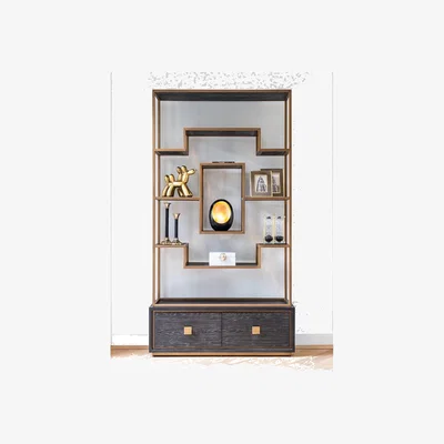 Quatropi Quatropi Tall Shelving Unit With Drawers Black Oak Gold Stainless Steel 2200mm