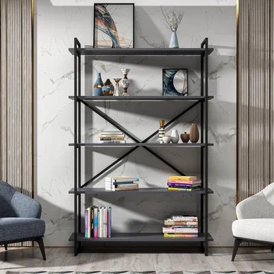 The Range Elston 180 cm Tall Bookcase Modern Bookshelf with Metal Frame  - Black & Anthracite