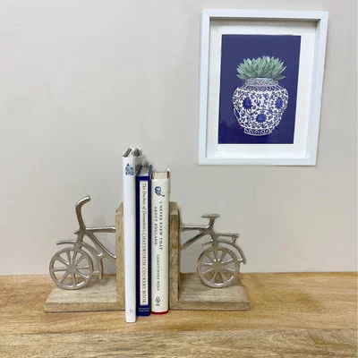 The Range Set of Two Bicycle Bookends - Decorative Metal Book Holders for Home or Office - Silver