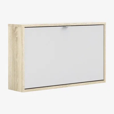Furniture123 White Slim Shoe Cabinet with Oak Coloured Finish - Wall Hung