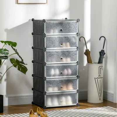The Range HOMCOM 6 Tier Shoe Rack Plastic Storage Boxes with Doors - Black