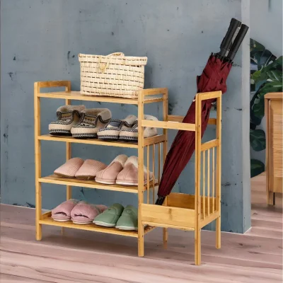 The Range Bamboo 4 Tier Shoe Rack With Umbrella Holder - Natural Wood