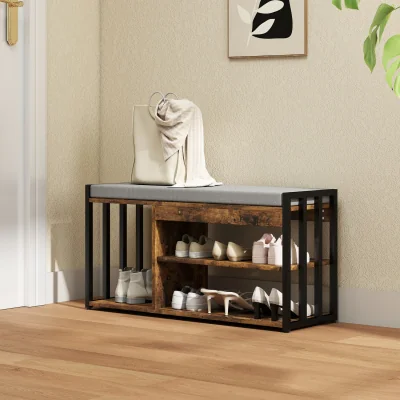 The Range HOMCOM Entryway Shoe Storage Bench with Cushion Shelves - Rustic Brown