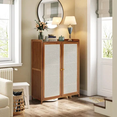 The Range Wooden Shoe Storage Cabinet with Plastic Rattan Doors - Brown