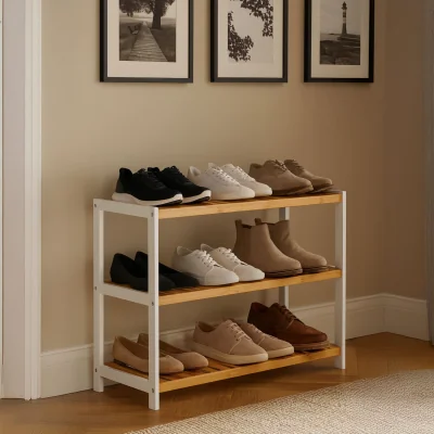 The Range Neo 3-Tier Bamboo Shoe Rack Stand Natural Wooden Shoe Storage Shelf for Hallway  - White And Wood