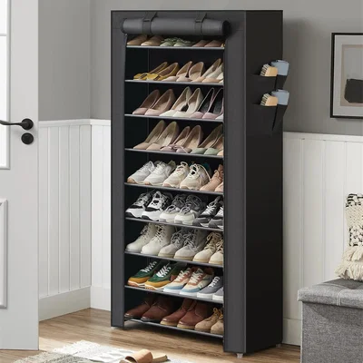 The Range Multi-Layer Shoe Storage Cabinet with Roll-Up Door and Storage Bags - Black