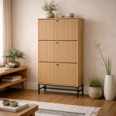 The Range Bjork Shoe Cabinet Natural Lamella Fronts Steel Base 3 Flip Down Doors - Natural