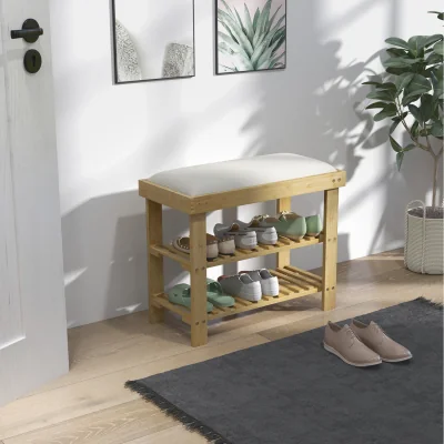 The Range HOMCOM Bamboo Shoe Storage Bench, 3 Tier Shoe Bench with Cushion - cream white