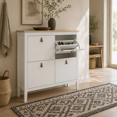 The Range Milese Wooden White and Oak-Effect 4-Drawer Shoe Cabinet with Faux Leather Handles