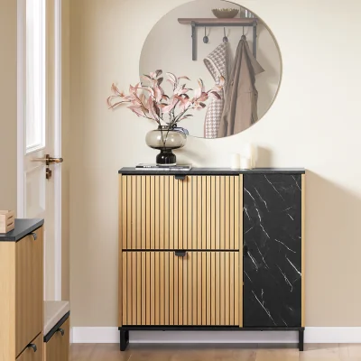 The Range Wooden Striped Shoe Cabinet with 2 Flip Drawers  Side Cabinet - Light Oak