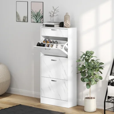 The Range HOMCOM Shoe Cabinet with 4 Drawers  Flip Doors - Marble White