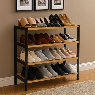 The Range Neo 4-Tier Bamboo Shoe Rack Wooden Shoe Storage Organiser Shelf for Hallway - Black/Wood