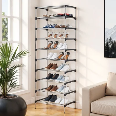 The Range 10-Tier Tall Metal Shoe Rack - Silver + Black