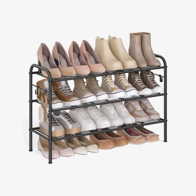 The Range SONGMICS 3-Tier Adjustable Shoe Rack with Hooks, Shoe Organizer - Black