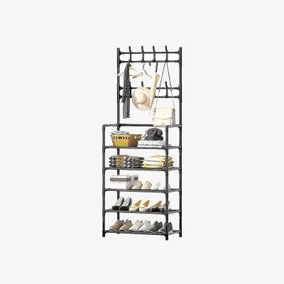 The Range 5 Tier Shoe Rack with Coat Hanger - Black