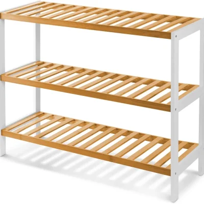 The Range 3 Tier Natural Bamboo Shoe Rack Easy Assembly Shelf Organizer - Brown and white