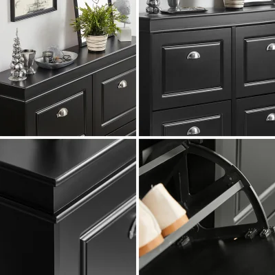 The Range Slim Shoe Storage Cabinet with 4 Flip Drawers  Sleek Metal Handles - Black