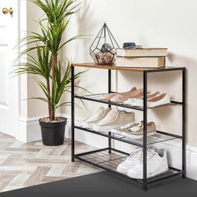 The Range KEPLIN 4-Tier Shoe Rack with Shelf - Easy Assembly (63 x 59 x 30 cm) - Rustic Brown
