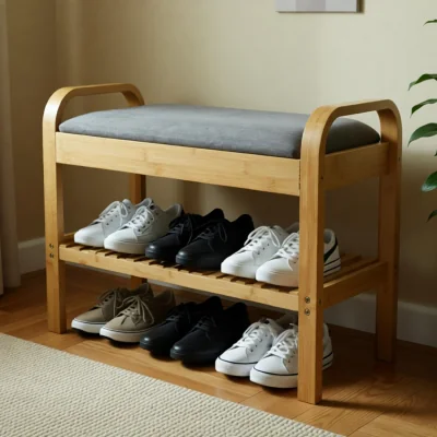 The Range 2 Tier Bamboo Shoe Rack Bench with Cushion Seat Storage Shelf Hallway Unit Stand - Brown