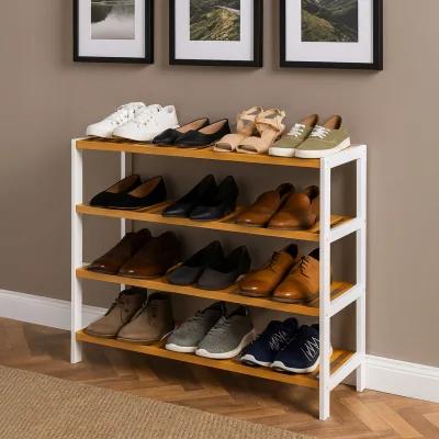 The Range Neo 4-Tier Bamboo Shoe Rack Wooden Shoe Storage Organiser Shelf for Hallway - White/Wood