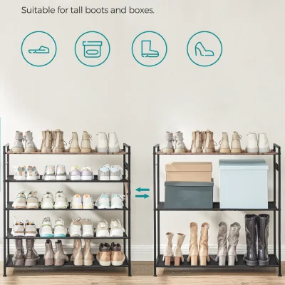 The Range 5-Tier Metal Shoe Rack with Oxford Fabric Shelves and Hooks - Black