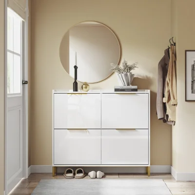The Range High Gloss Slim Shoe Cabinet with 4 Flip Drawers  Gold Handles - White