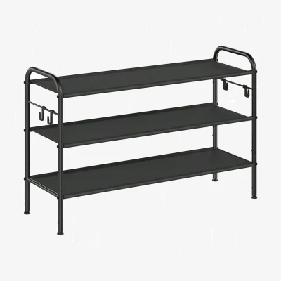 The Range SONGMICS 3-Tier Adjustable Shoe Rack with Hooks, Fabric Shoe Organiser - Black