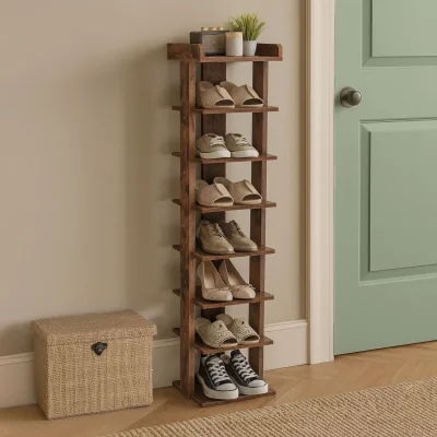 The Range Neo 7 Tier Wooden Shoe Rack Slim Narrow Storage Cabinet Space-Saving Entryway Be - Brown