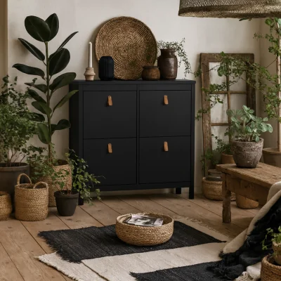The Range Wildberry Matt Shoe Cabinet 4 Flip Down Doors Leather Tab Handles - Black