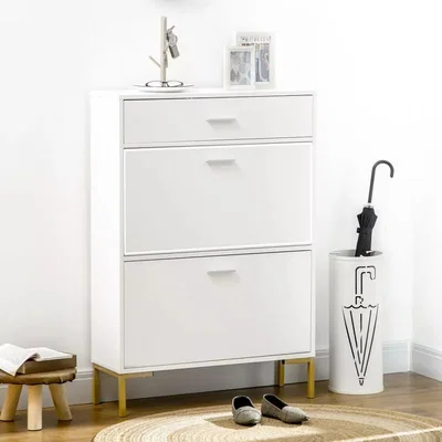 The Range White Shoe Storage Cupboard with 2 Flip Doors and Sliding out Drawer - White
