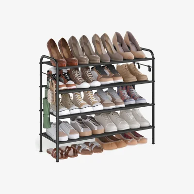The Range SONGMICS 4-Tier Adjustable Shoe Rack with Hooks, Shoe Organiser - Black