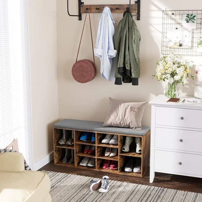 The Range 10-Compartment Entryway Shoe Storage Cabinet with Cushioned Seat - Rustic Brown and Grey