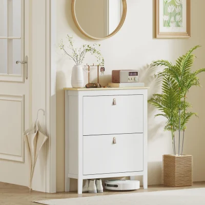 The Range Rimi Wooden White and Oak 2-Drawer Shoe Cabinet - Faux Leather Handles