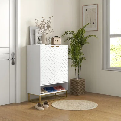 The Range Shoe Cabinet with 2 Chevron Doors Adjustable Shelf for 12 Pairs - White