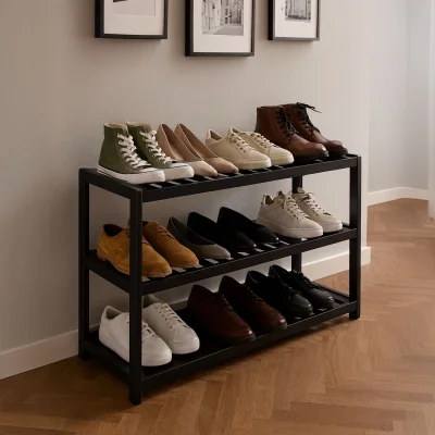 The Range Neo 3-Tier Bamboo Shoe Rack Stand Natural Wooden Shoe Storage Shelf for Hallway  - Black