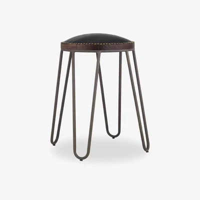 Cult Furniture £30  Off   Hairpin Low Stool, Black Studded Seat Leg Colour: Rustic